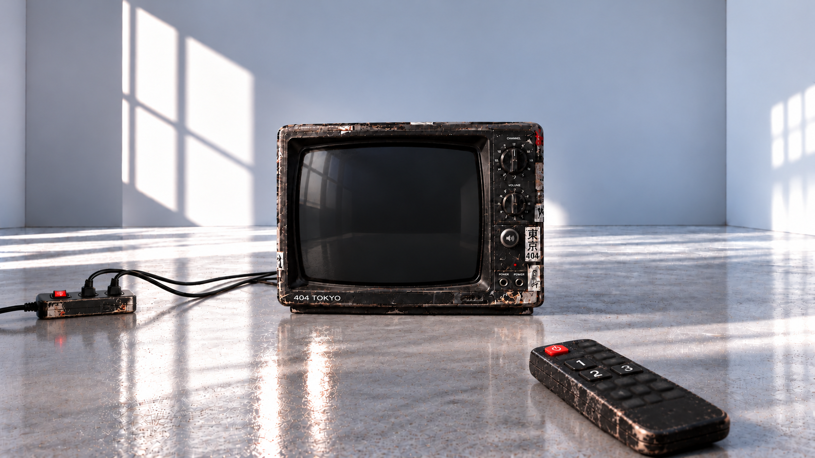 Worn television, connected power strip and remote resting on the sunlit floor