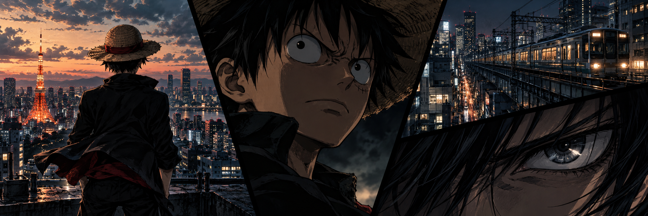 One Piece characters and Tokyo at dusk
